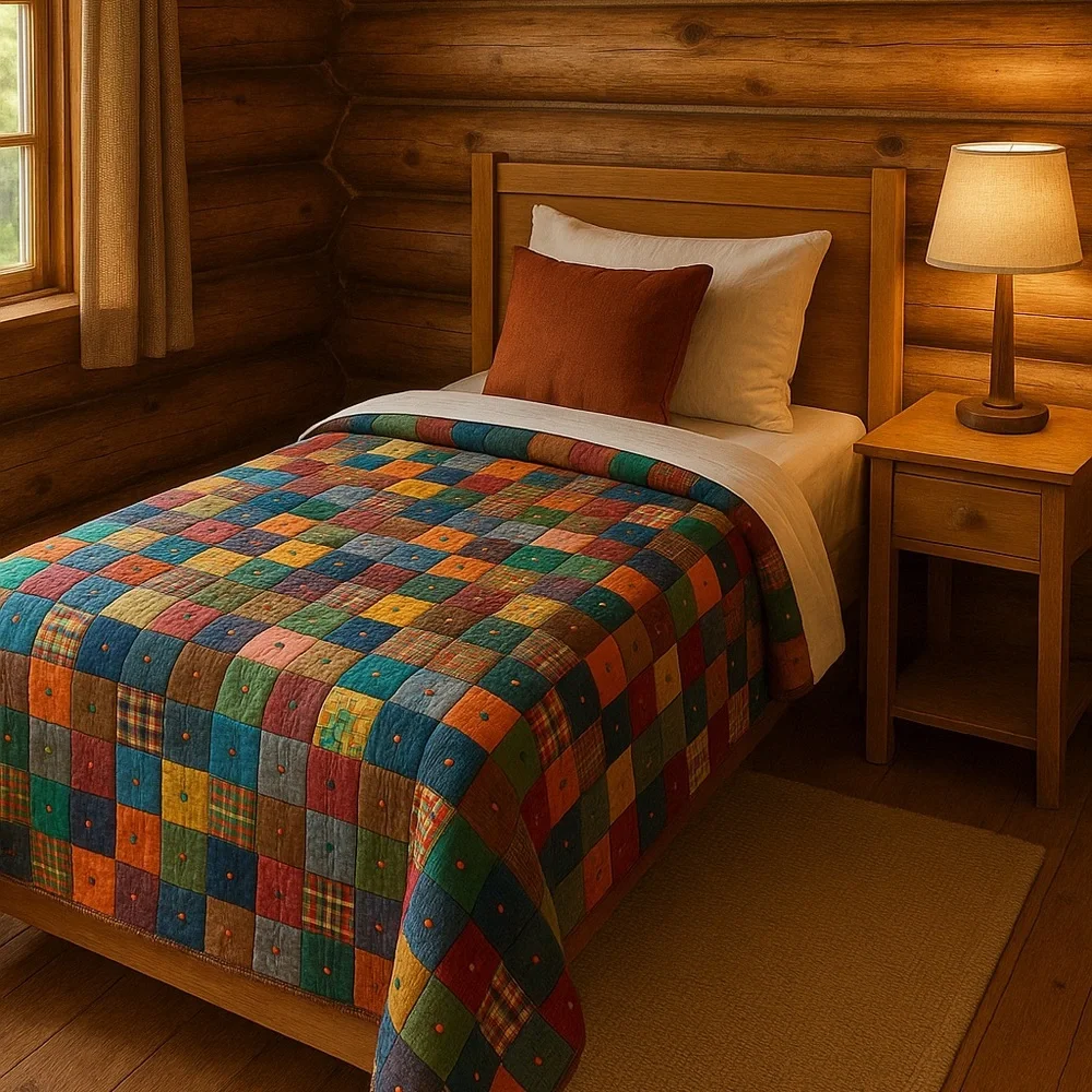 HAND MADE OVERSIZED TWIN QUILT 54.5 x 79.5 VINTAGE BOHO CABIN FARMHOUSE